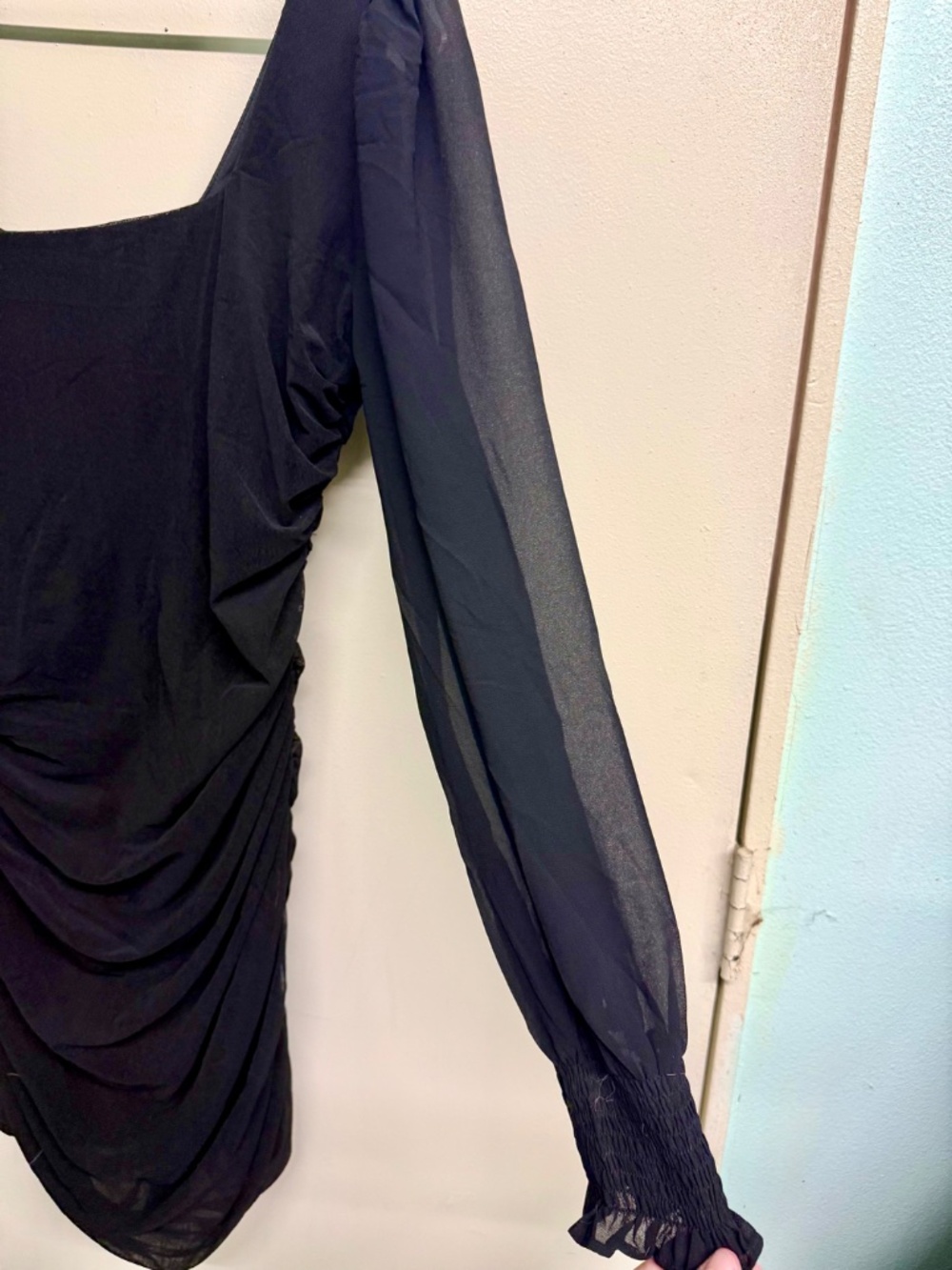 Lulus Black Ruched Long Mesh Sleeve Mini Dress | Sheer Sleeve Party Dress - Picture 4 of 5